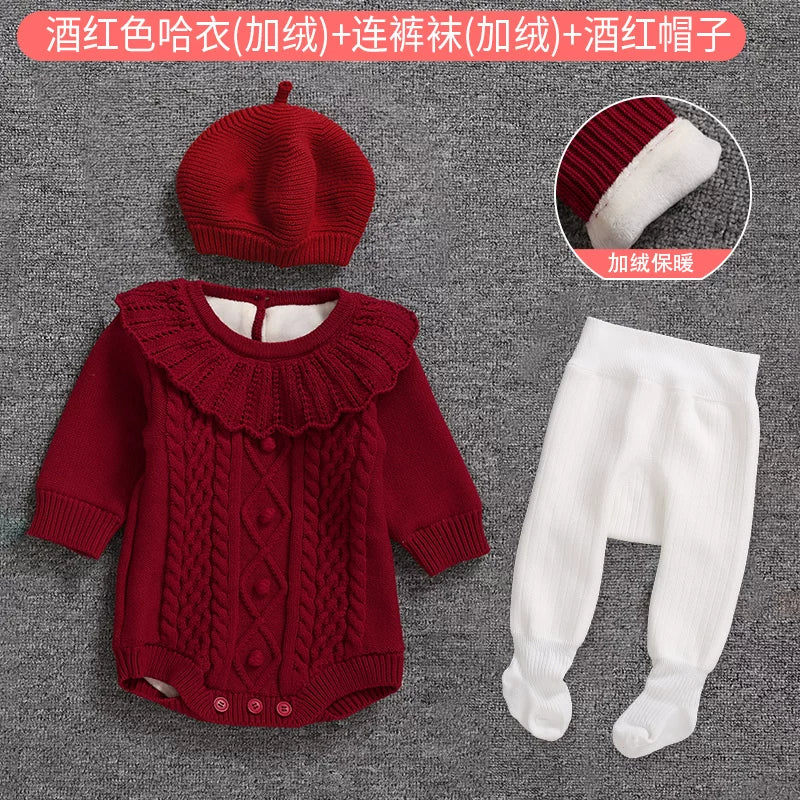 Qız uşağı üçün qış sviteri, yun astarlı, yeni doğulmuş/tam aylıq körpə geyimləri, şahzadə stilində şık romper, ilk ad günü dəsti, qırmızı.