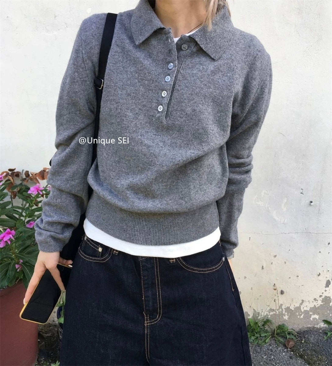 Unikal SEI Küçə Stilində Koreya Tənbəl Polo Yaxalıq Düyməli Boş Gündəlik Çoxfunksiyalı Uzunqollu Trikotaj Sviter