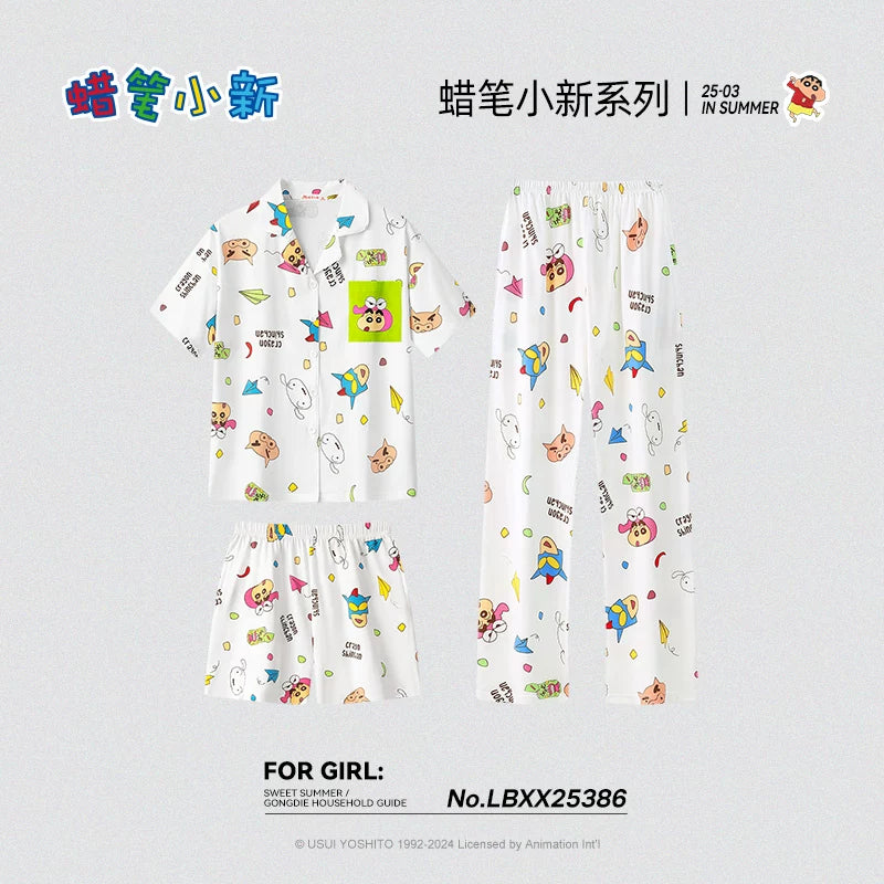Gongdie [3 parça dəst] Qadınlar üçün Crayon Shin-chan cüt pijama, təmiz pambıq yay qısaqol şalvar, kişi ev geyimi dəsti