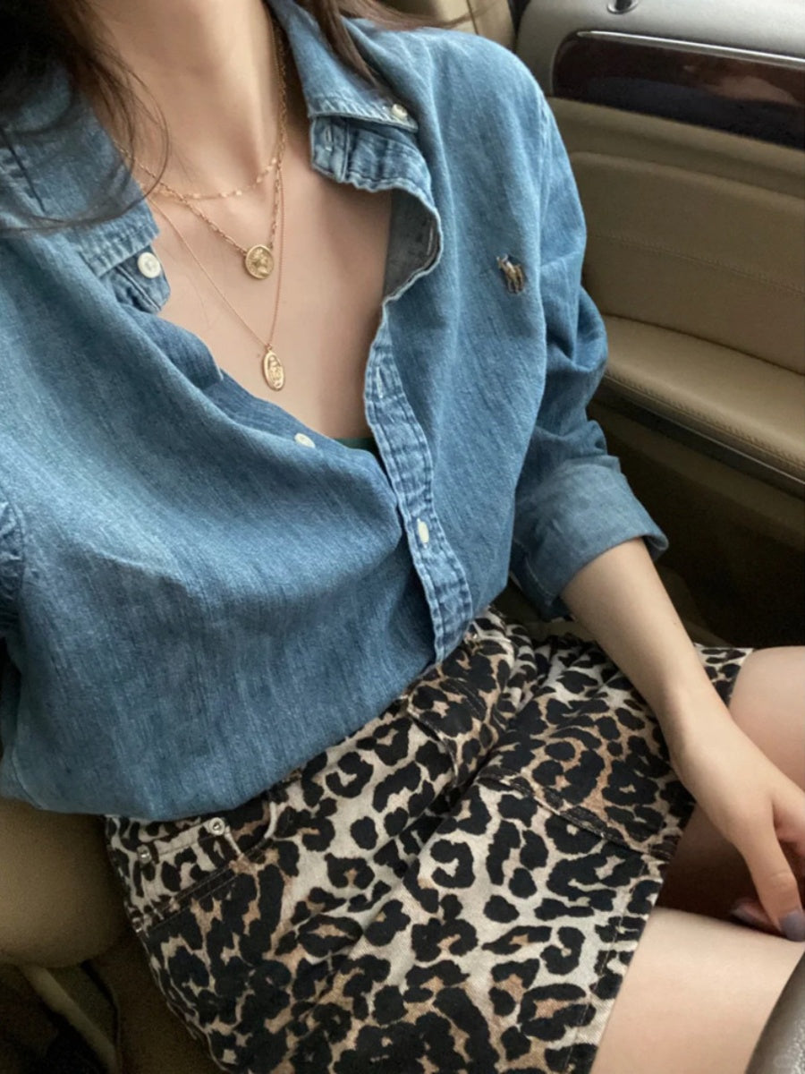 2024 Erkən Yaz Stilində Krystal Jung's American Retro Köhnə Pul Stilində Yuyulmuş Denim Pambıq Naxışlı İncə Köynək Gödəkçə