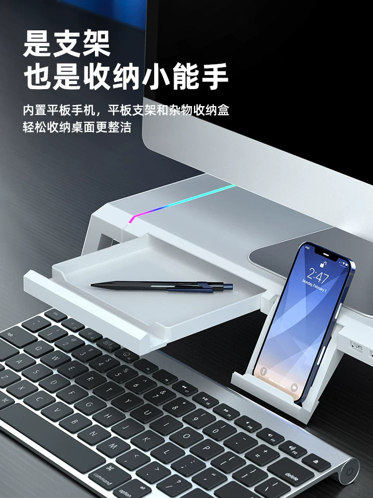 Kompüter monitoru çekmeceli ucaldılmış stend Usb hamısı bir yerdə masa üstü ekran bazası stolüstü qatlanan saxlama rəfi imac ekran RGB stansiyası genişləndirilməsi çoxfunksiyalı noutbuk stendi