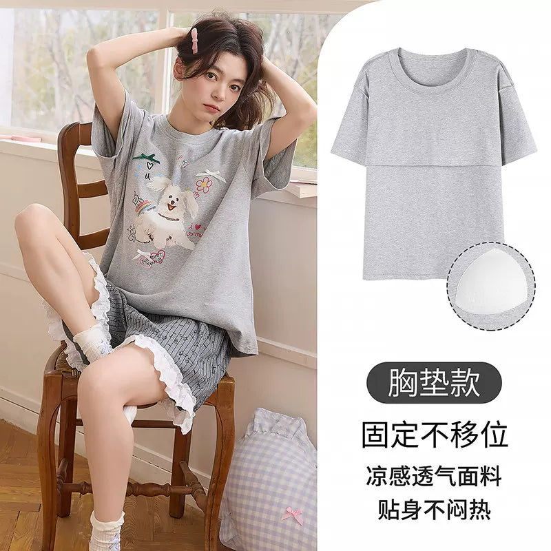 Qadınlar üçün döş yastıqları olan bitki mənşəli əsas rəngli pambıq pijama yay yeni qısaqol şort cizgi filmi evdən kənarda geyinilə bilər paltar dəsti