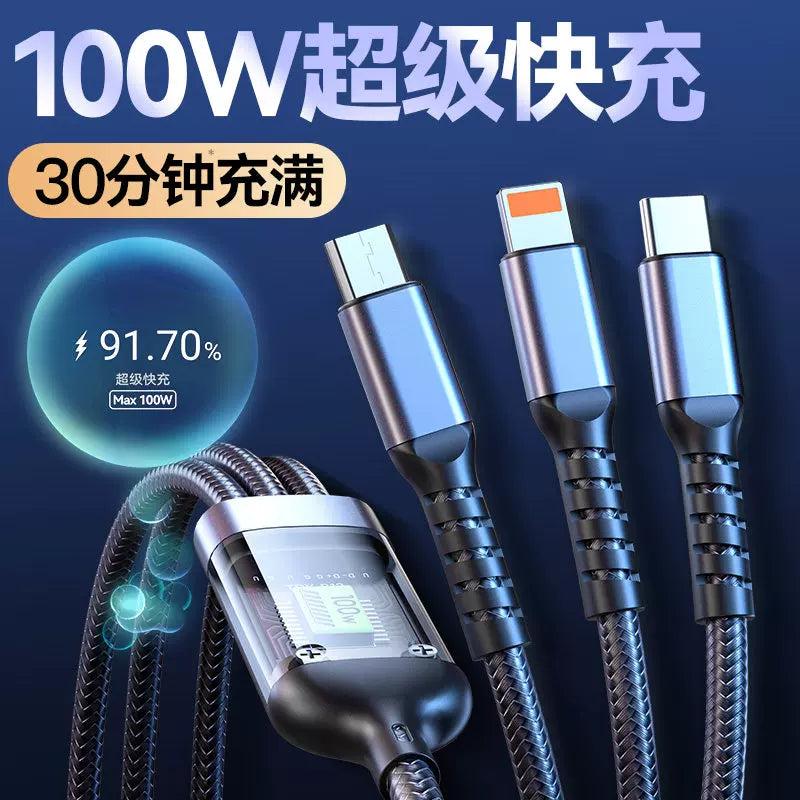 Huawei Apple VIOP avtomobili üçün uyğun olan 120W sürətli şarj üçü birdə bir məlumat kabeli şəffaf işıqlı flaş şarj kabeli