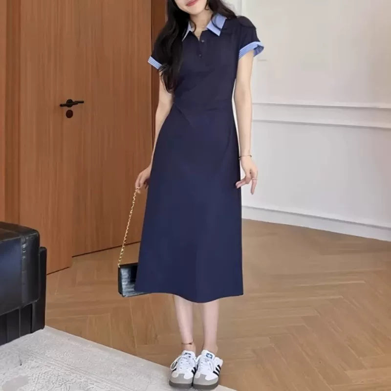 Böyük ölçülü yay Koreya üslubunda qadın üçün rəngli bloklu polo yaxalıqlı don, nazik, yüksək belli, arıqladıcı, bədən quruluşuna uyğun uzun don.