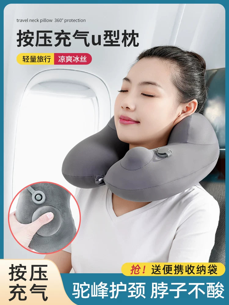 Press tipli şişmə U formalı yastıq boyun yastığı səyahət yastığı portativ uçan boyun qoruyucu u formalı yastıq yüksək sürətli dəmir yolu yuxu artefaktı