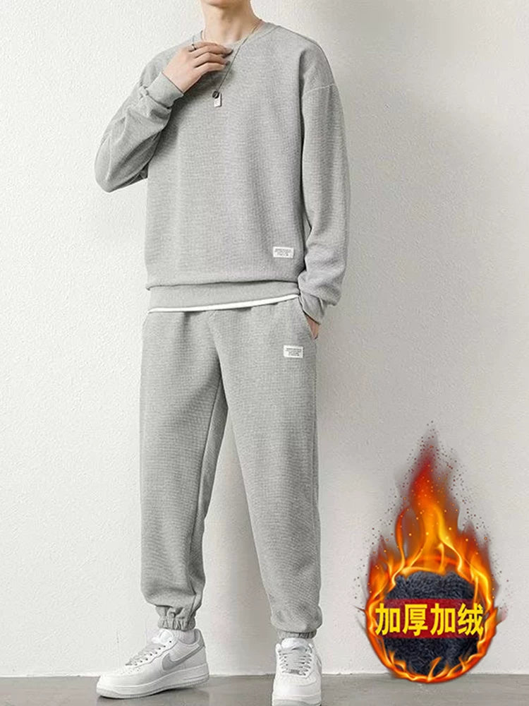 Endirimli Endirim: Kişilər üçün Gündəlik İdman Kostyumu, Böyük Ölçülü, Vafli Örgülü, Yun Astarlı, Payız və Qış üçün Qalın Sviter və Şalvar