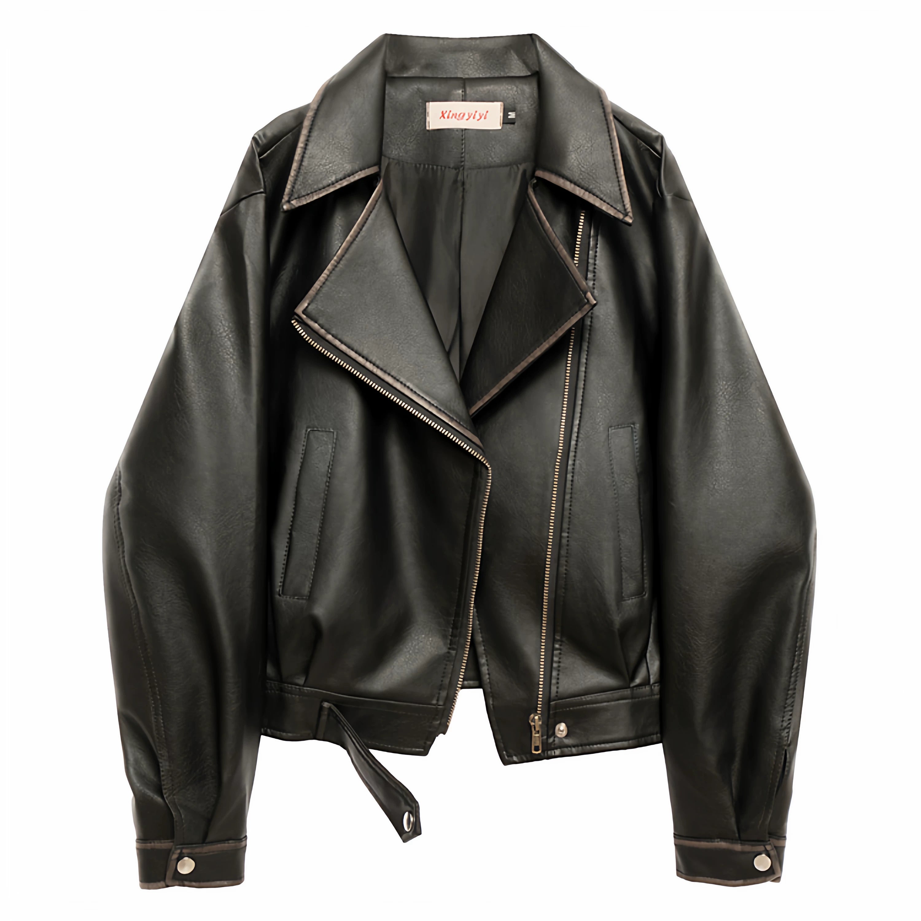 Qadınlar üçün qara yaxalı dəri gödəkçə, 2025 Yeni Amerika Retro Motosiklet Stilində Boş Qısa Gödəkçə Top