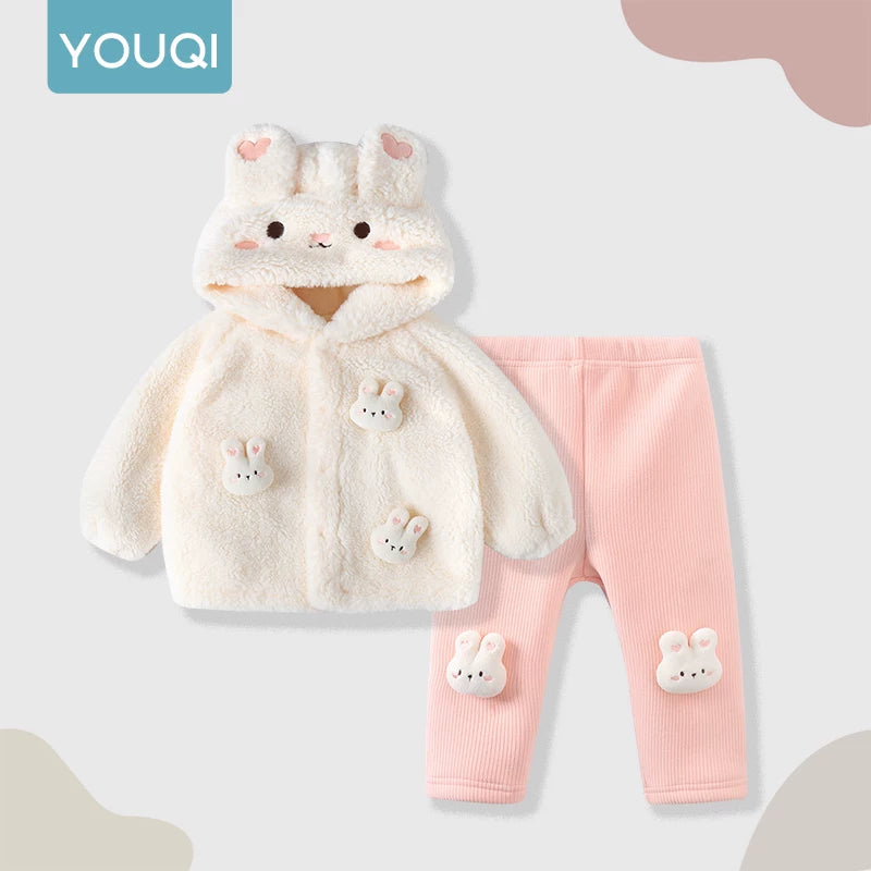 Yuqi Körpə İki Hissəli Dəsti Payız və Qış üçün, Bir Yaşlı Qızlar üçün Qalın Başlıqlı Geyim, İsti İki Hissəli Dəst