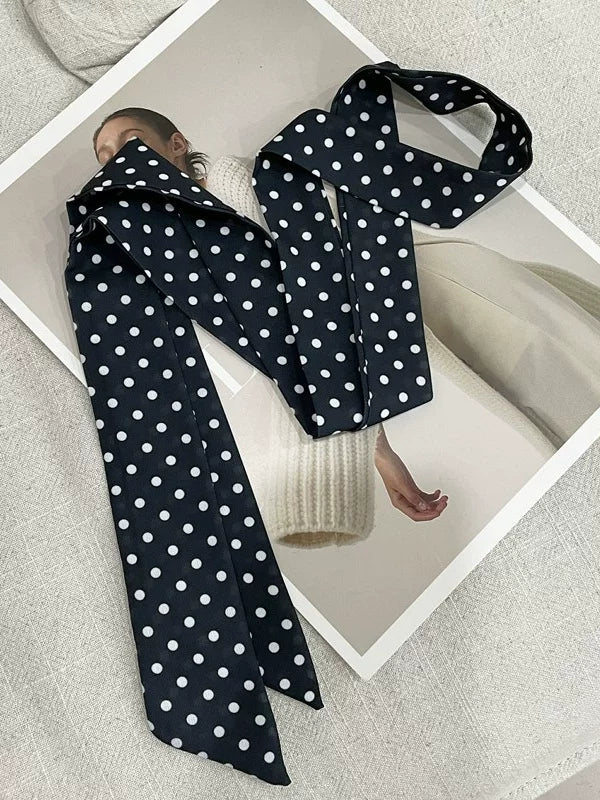Qadınlar üçün qara polka nöqtəli uzun ipək eşarp 2026 yeni stil boyunlu yüksək səviyyəli baş bandı bəbir çaplı üzən qalstuk eşarp kəmərinə uyğun