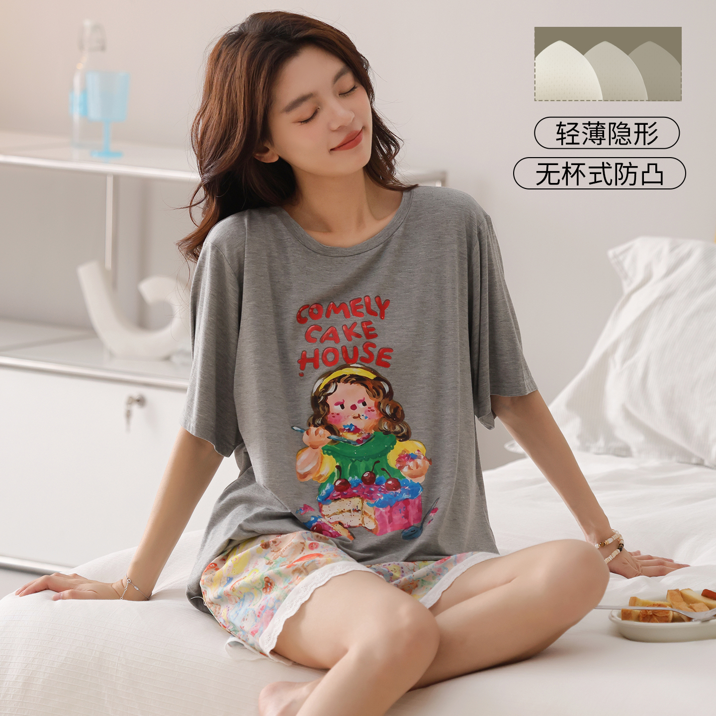 Catman təmiz pambıq pijama qadınlar üçün döş yastıqları ilə yay nazik qısaqol şalvar kostyumu 2026 yeni üslubda ev paltarından kənarda geyinmək olar