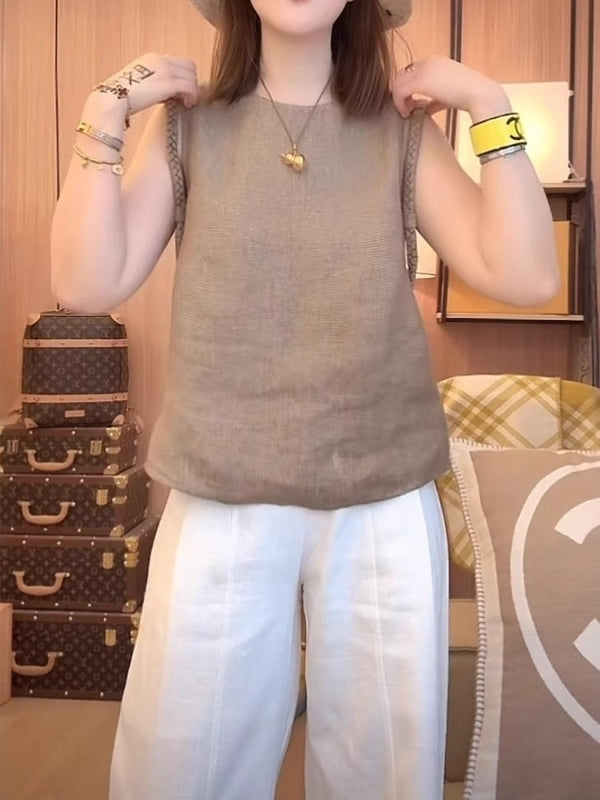 Böyük ölçülü qadın ağır kətan jilet, 2026-cı il yay yeni dəbi, geniş formalı, çoxfunksiyalı, arıqladıcı qolsuz top.