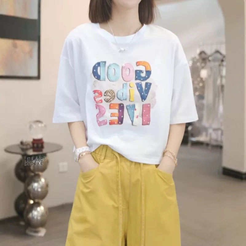 Qadınlar üçün Böyük Ölçülü, Saf Pambıqdan Naxışlı Qısa Qollu Futbolka, Yay, Boş Forma, Arıqladıcı, Arxasız Krujevalı Qısa Qollu Futbolka, Dəbli