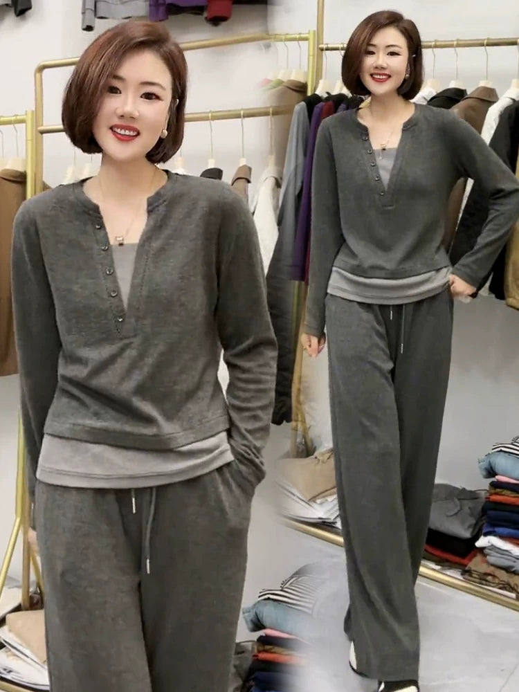 Women's Daily Sports Suit Set, Spring and Autumn 2025 New Style, Middle-Aged Mothers' Clothing, Age-Reducing Fashionable Sweater and Wide-Leg Pants Two-Piece Set