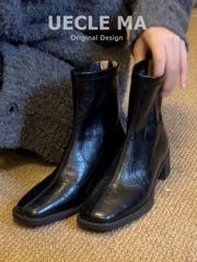 Qadınlar üçün dəri hündürdaban çəkmələr, 2025 payız/qış yeni dəbi, kvadrat burunlu Martin çəkmələri, kiçik fransız üslubunda qalın dabanlı nazik çəkmələr.