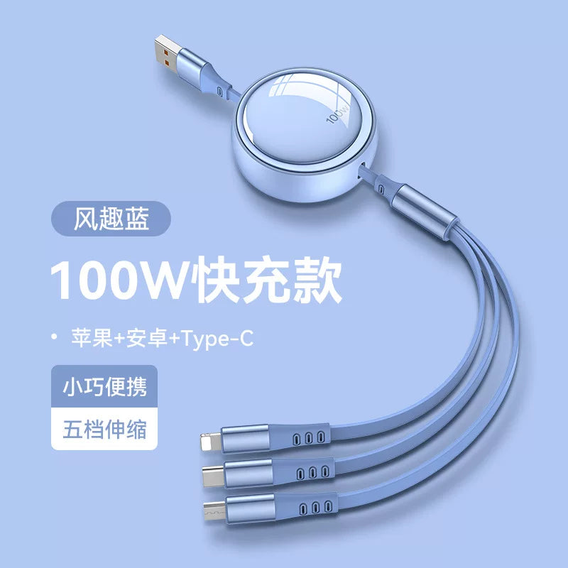 Avtomobil şarj cihazı, 100 Vt məlumat kabeli, super sürətli şarj, 3-ü 1-də geri çəkilə bilən kabel, Apple, Android və Type-C ilə uyğundur.