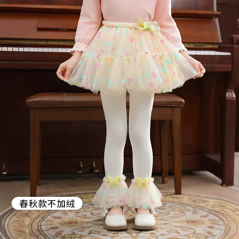 Qızlar üçün bir hissəli ətək şalvarları, 2025-ci ilin yaz və payız mövsümü üçün yeni model uşaq qış geyimləri, flis astarlı, süni iki hissəli leqinslər, ağ, çöldə geyinmək üçün.