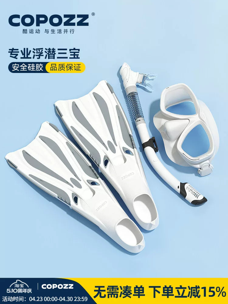 COPOZZ snorkeling üç xəzinə dəsti miyopiya dalğıc maskası boğulma əleyhinə tam quru nəfəs borusu uzun üzgəclər snorkeling avadanlığı