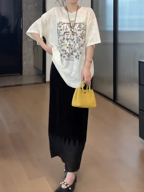 Qadınlar üçün qalın printli qısaqol futbolka, 2026-cı il yayı, böyük ölçüdə, geniş formada, arıqladıcı, yeni və çoxfunksiyalı köynək.