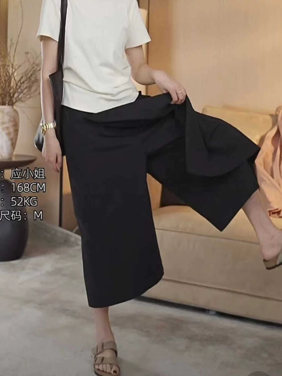 Bir az dolğun qızlar üçün böyük ölçülü yay geyimləri, geniş, düz ayaqlı şalvar/ətək, yüksək belli A-xəttli gündəlik ətək/şalvar