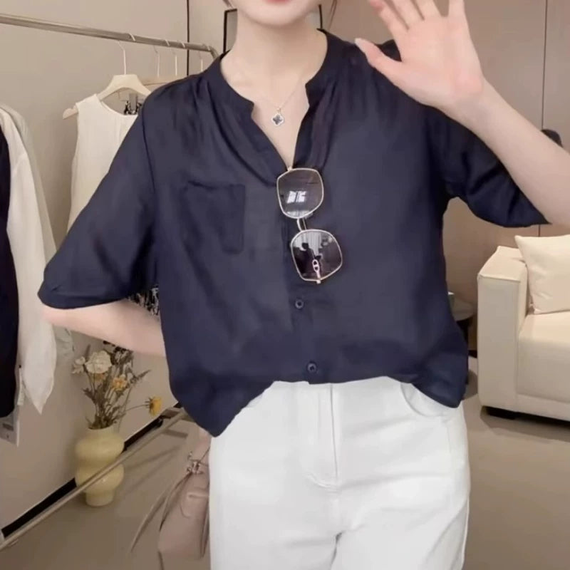 Qadınlar üçün Böyük Ölçülü Yay V-Yakalı Ramie QısaQollu Köynək, 2026 Yeni Model, Boş Forma, Pambıq Kətan Köynək, Çoxfunksiyalı Gündəlik Top