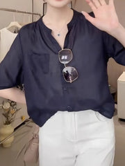 Qadınlar üçün Böyük Ölçülü Yay V-Yakalı Ramie QısaQollu Köynək, 2026 Yeni Model, Boş Forma, Pambıq Kətan Köynək, Çoxfunksiyalı Gündəlik Top