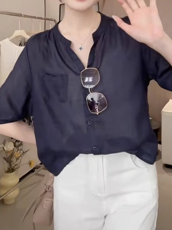 Qadınlar üçün Böyük Ölçülü Yay V-Yakalı Ramie QısaQollu Köynək, 2026 Yeni Model, Boş Forma, Pambıq Kətan Köynək, Çoxfunksiyalı Gündəlik Top