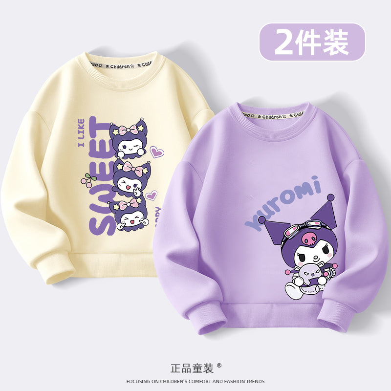 Kuromi Qızlar üçün Sweatshirt Payız/Qış 2024 Yeni Model Dəbli, Yun Astarlı Kürək Yaxalı Top Qızlar və Böyük Uşaqlar üçün