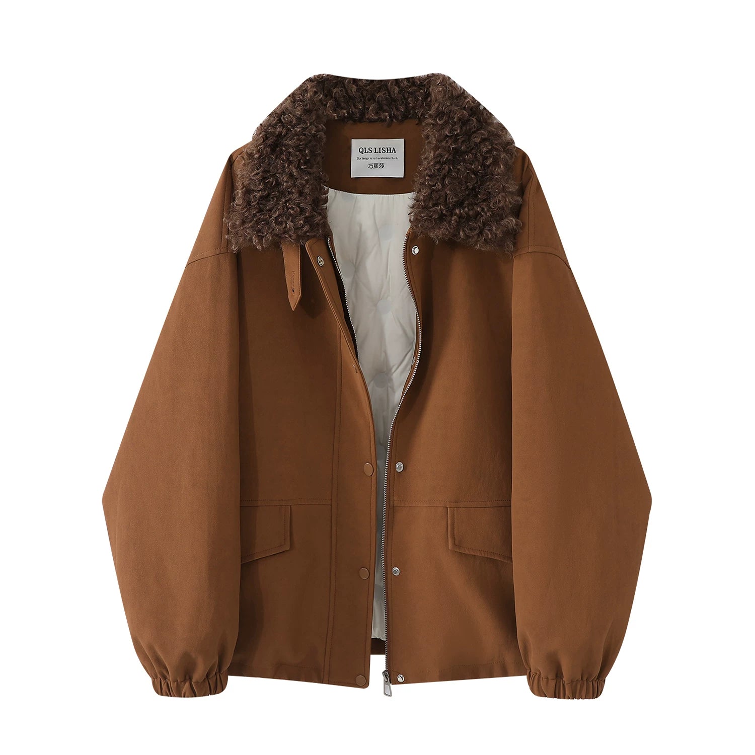 Cholisa'nın 2025-ci ilin payız/qış mövsümü üçün qadınlar üçün Koreya üslubunda yüksək keyfiyyətli dəri gödəkçə, yaxalıqlı, qalın palto və quzu yunundan hazırlanmış aşağı gödəkçə.