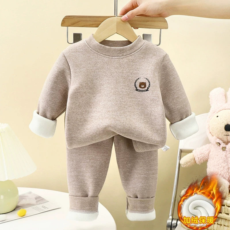 Körpələr, oğlanlar və qızlar üçün qış termal alt paltarları dəsti, yun astarlı və qalınlaşdırılmış, uşaq əsas təbəqəli pijama və istirahət geyimləri