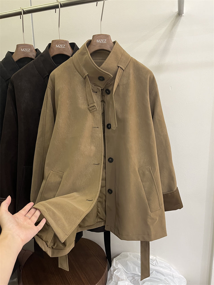 Qadınlar üçün Koreya üslubunda yüksək səviyyəli, dəbli orta uzunluqlu zamşa trençkot, 2025 payız yeni modeli, boş siluetli dizayner palto.