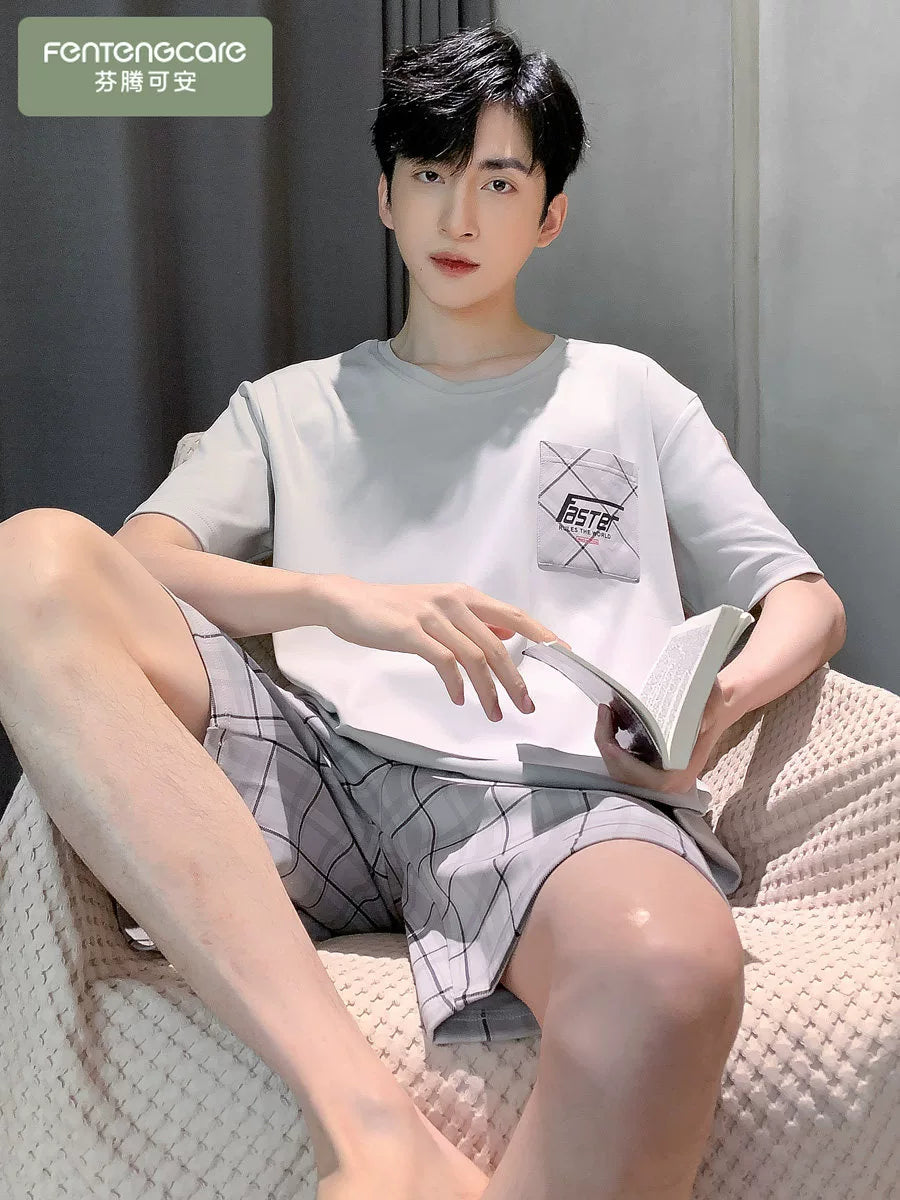 Kişilər üçün pijama yay təmiz pambıq nazik qısaqol şort kostyumdan kənarda geyinmək olar təsadüfi böyük ölçülü kişi sərin ev paltarı