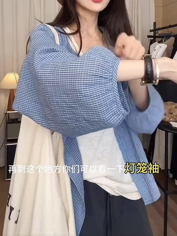 Qadın üçün dama-dama köynək, nazik model, 2026-cı ilin yayı üçün yeni model, böyük ölçüdə, Koreya stilində, geniş formada, yüksək səviyyəli hiss.