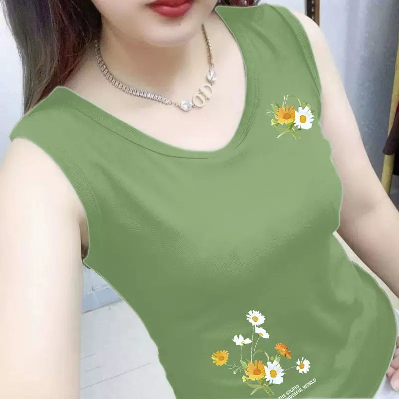 Qadınlar üçün 100% pambıq gödəkçə yay yeni incə fit orta yaşlı analar üçün asma və gül çaplı qolsuz dibli köynək T