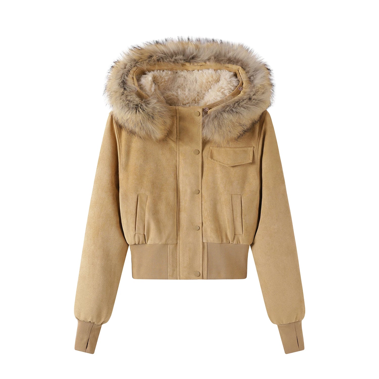 Cholisa Koreya üslubunda qadınlar üçün super şirin qısa zamşa flis gödəkçə, flis astarlı isti və çox yönlü qış paltosu, qısa top.