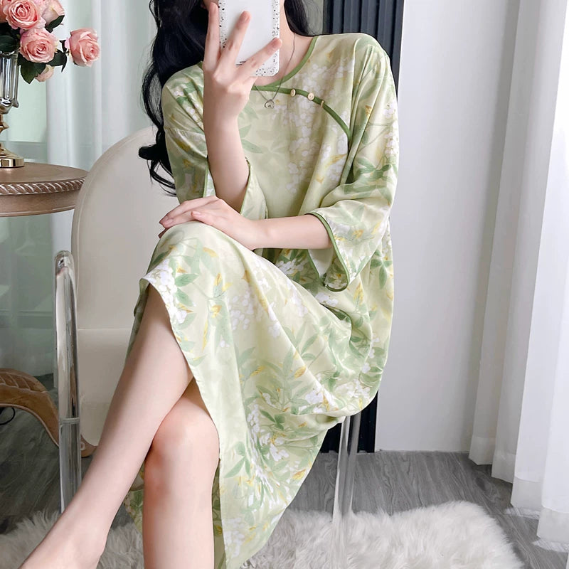 Pambıq ipək pijama qadın yay orta qollu gecə paltarı böyük ölçülü süni pambıq ipək yeni Çin üslubunda nazik boş ev geyimi uzun yubka