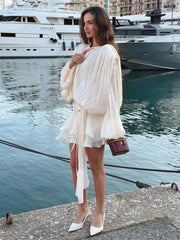 Qadınlar üçün şifon fənər qollu qalstuklu ön üst və büzməli ətək dəsti