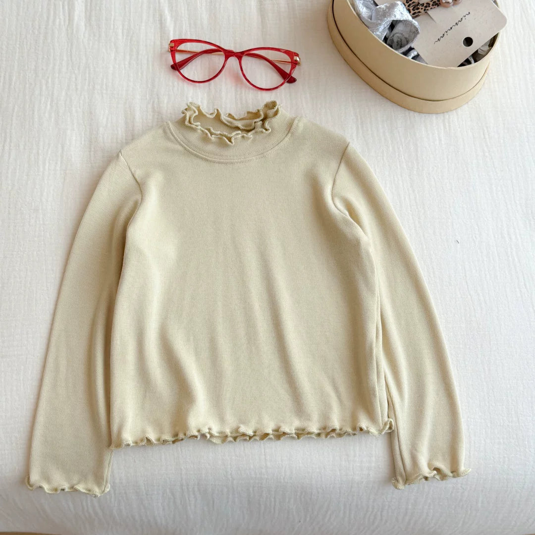 Qız uşaqları üçün dəbli və çoxfunksiyalı payız geyimləri: sadə krujeva yaxalıqlı futbolka, qız uşaqları üçün dəbli payız köynəyi.