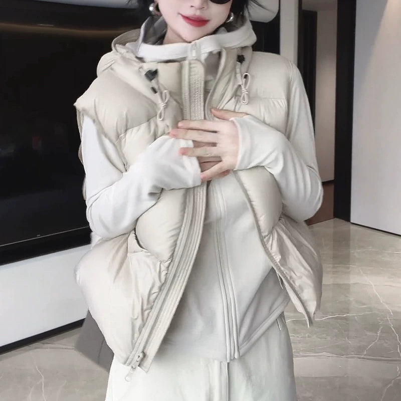 Qadınlar üçün qısa kapüşonlu pambıq jilet, Payız/Qış 2026, Böyük ölçü, Koreya üslubunda, Boş forma, Yüksək səviyyəli hiss, Qolsuz gödəkçə/çiyin gödəkçəsi
