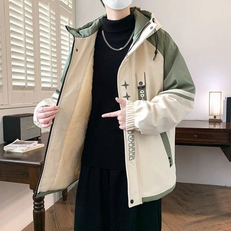 Yun astarlı və qalınlaşdırılmış kişi pambıqlı palto, dəbli Koreya üslubunda başlıqlı pambıqlı gödəkçə, şık, çox yönlü və isti kişi pambıqlı geyimləri