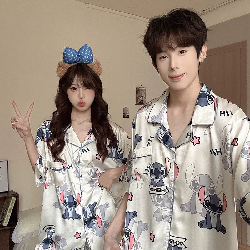 Cartoon Stitch cüt pijama qadınlar üçün yay nazik buz ipək qısaqol şort kişi yüksək səviyyəli ev geyimi dəsti