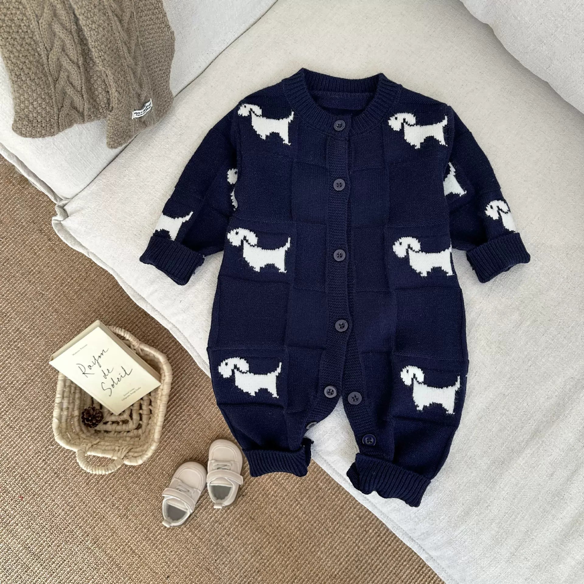 ARIELLE DE PINTO Oğlanlar üçün Fransız Yaz/Payız Körpə Trikotaj Onesie Sviter, Dolunay Çəkilişi/Sürünmə Kostyum