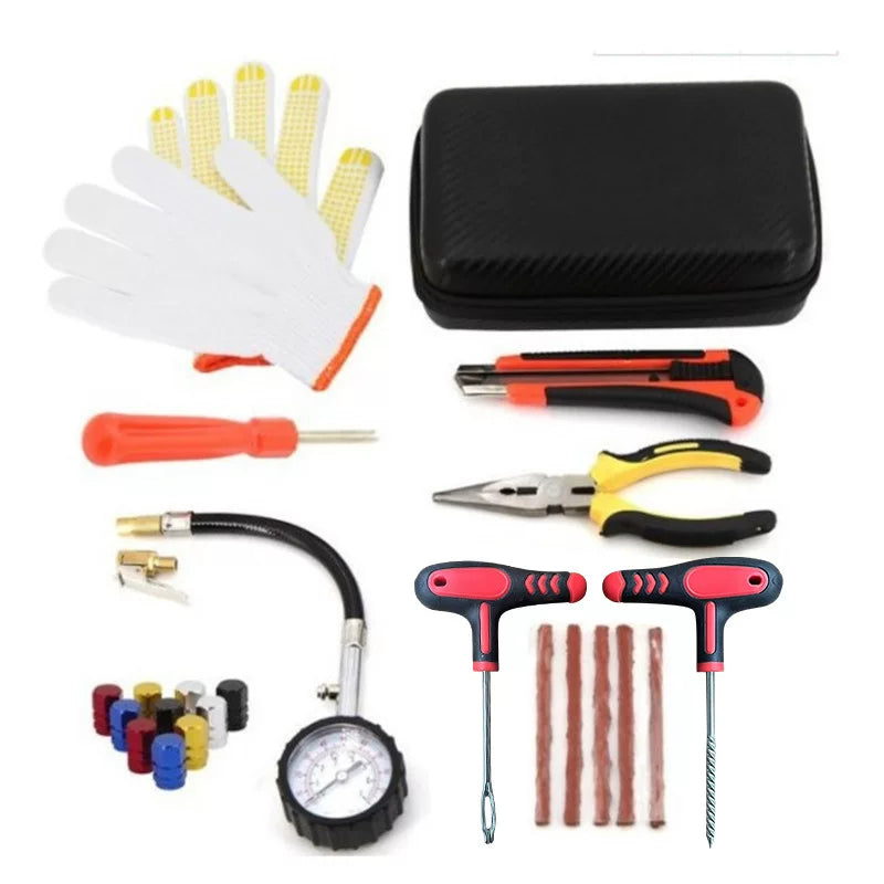 Car tire repair tool kit, motorcycle and electric vehicle tubeless tire repair tool kit, tire repair kit, emergency tire strips