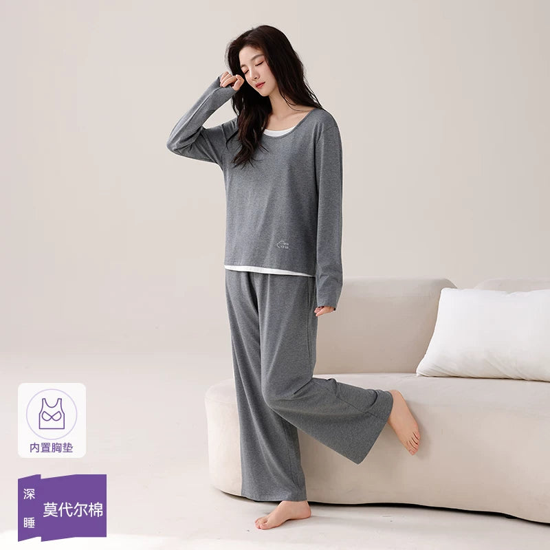 Jane Factor [Dərin Pijama 70] Üst paltar və ev geyimi üçün döş yastıqları ilə Super Yumşaq Modal Pambıq Yaz və Payız Qadın Pijamaları