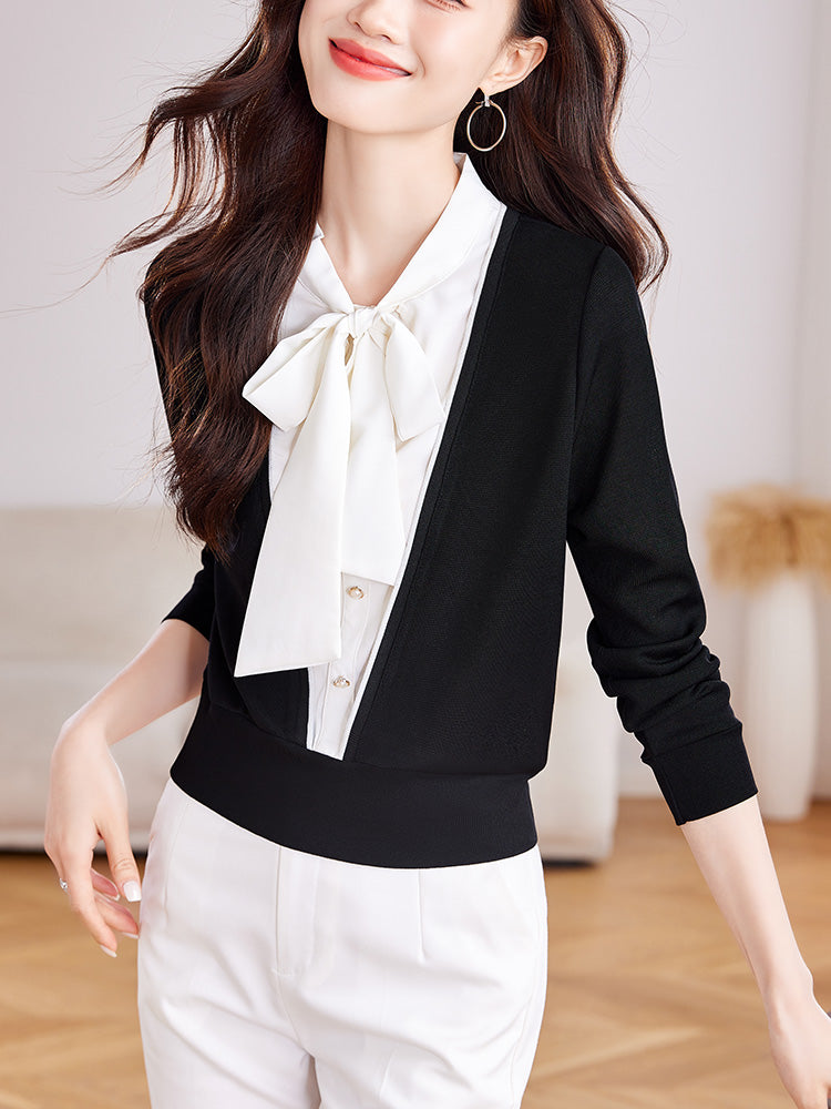 French style fashion ribbon artificial two-piece long-sleeved shirt, new autumn style for women, stylish and elegant knitted shirt