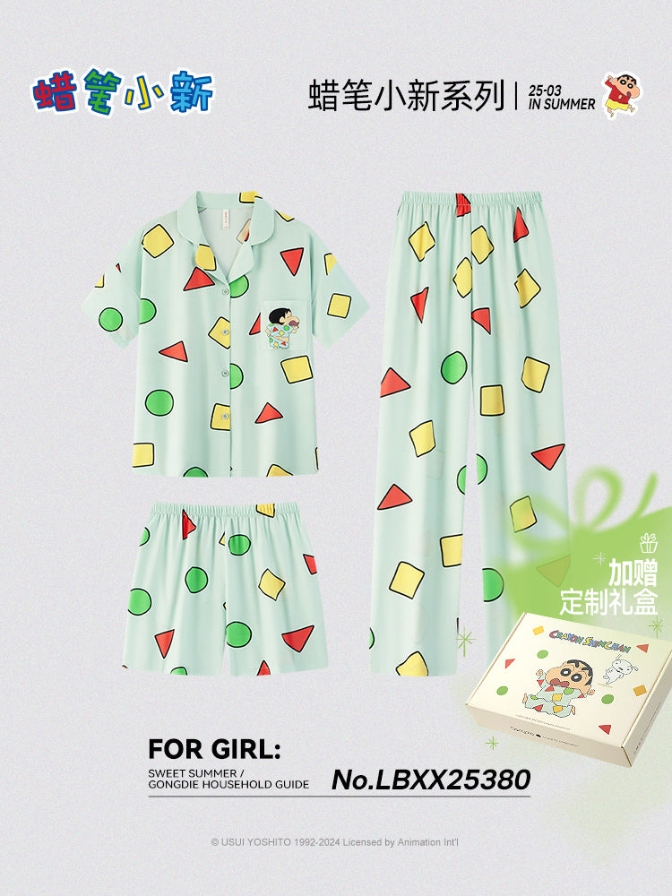 Gongdie [3 parça dəst] Crayon Shin-chan cüt pijama kişi və qadınlar üçün qısaqol yay şalvar, eyni tərzdə qoz pambıq ev paltarı