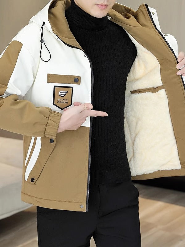 Yun astarlı və qalınlaşdırılmış kişi pambıqlı palto, dəbli Koreya üslubunda başlıqlı pambıqlı gödəkçə, şık, çox yönlü və isti kişi pambıqlı geyimləri