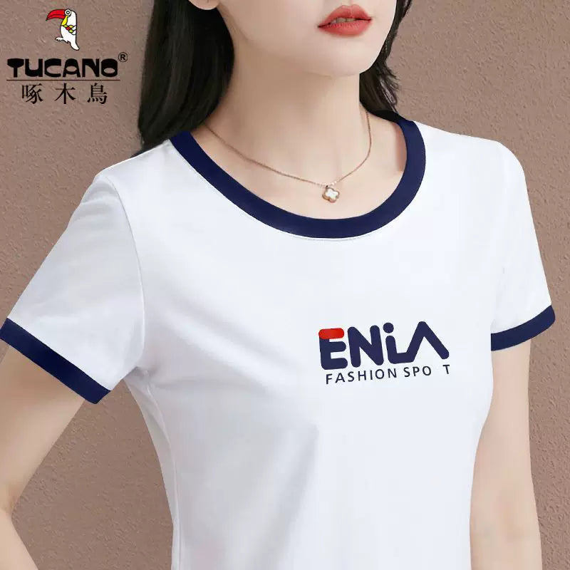 Clearance clearance Woodpecker marka böyük ölçülü təmiz pambıq dəyirmi boyun qısaqol köynək qadın yay yeni nazik ins moda top