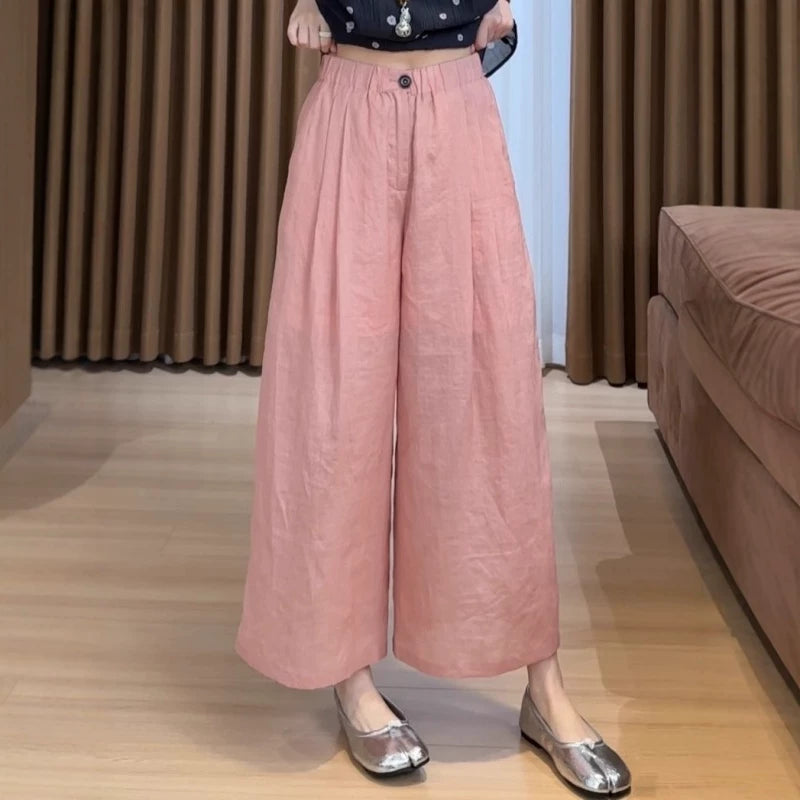 Kətan elastik bel ilə qısa, geniş şalvar, yay üçün nazik model, böyük ölçüdə, boş, nəfəs alan və armud formalı fiqurlar üçün tez quruyan.