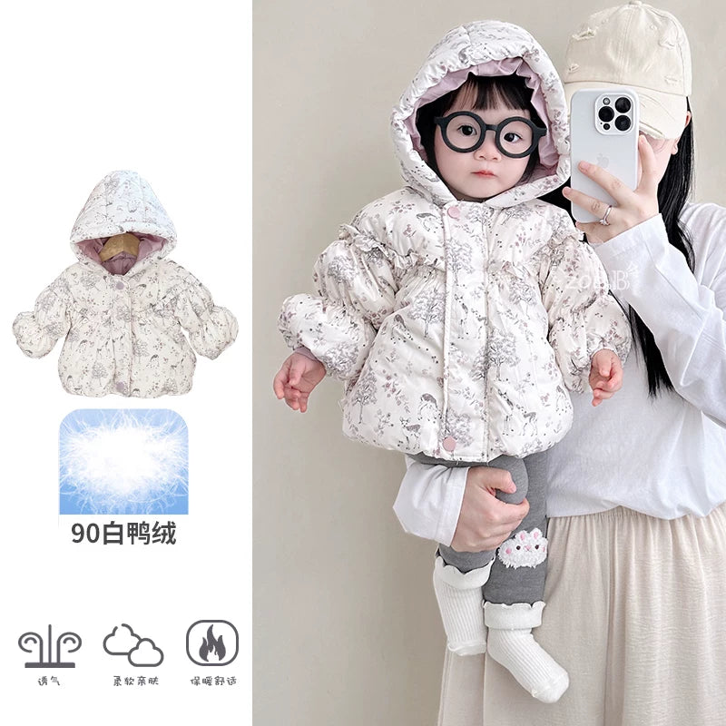 Fransız Uamtor qış qızlar üçün tüklü gödəkçə dəsti, ağ ördək tüklü gödəkçə, körpə geyimləri, isti və soyuğa davamlı açıq hava geyimi