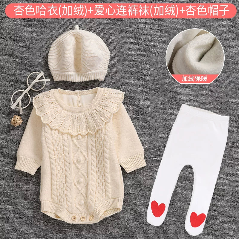 Qız uşağı üçün qış sviteri, yun astarlı, yeni doğulmuş/tam aylıq körpə geyimləri, şahzadə stilində şık romper, ilk ad günü dəsti, qırmızı.